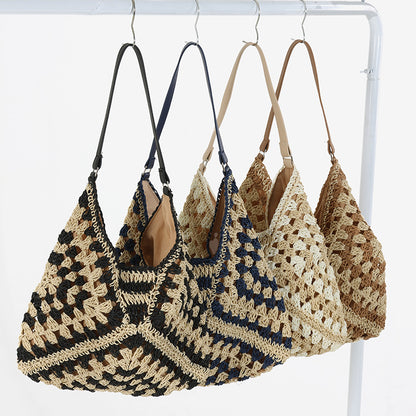 Paper Rope Woven Beach Bag with Block Design
