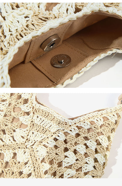 Paper Rope Woven Beach Bag with Block Design
