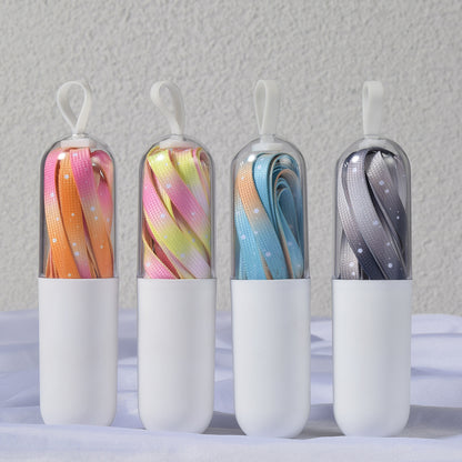 Close-up of tie dye colorful dot shoe laces in a vibrant multicolor pattern