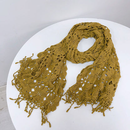 Model styling cream crochet shawl scarf with casual outfit