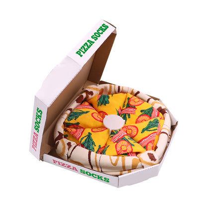 Socks folded neatly with visible pizza slice prints on each pair