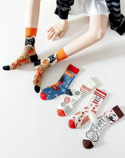 Model wearing Rufia vintage painting socks paired with casual shoes and rolled-up pants