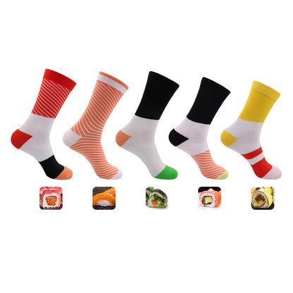 Side view of sushi socks showing detailed prints and vibrant colors