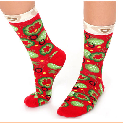 Model wearing one pair of pizza-themed socks showing the full design